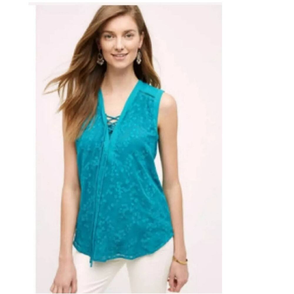 Anthropologie Maeve Teal Lace Up Top Embroidered Size 0